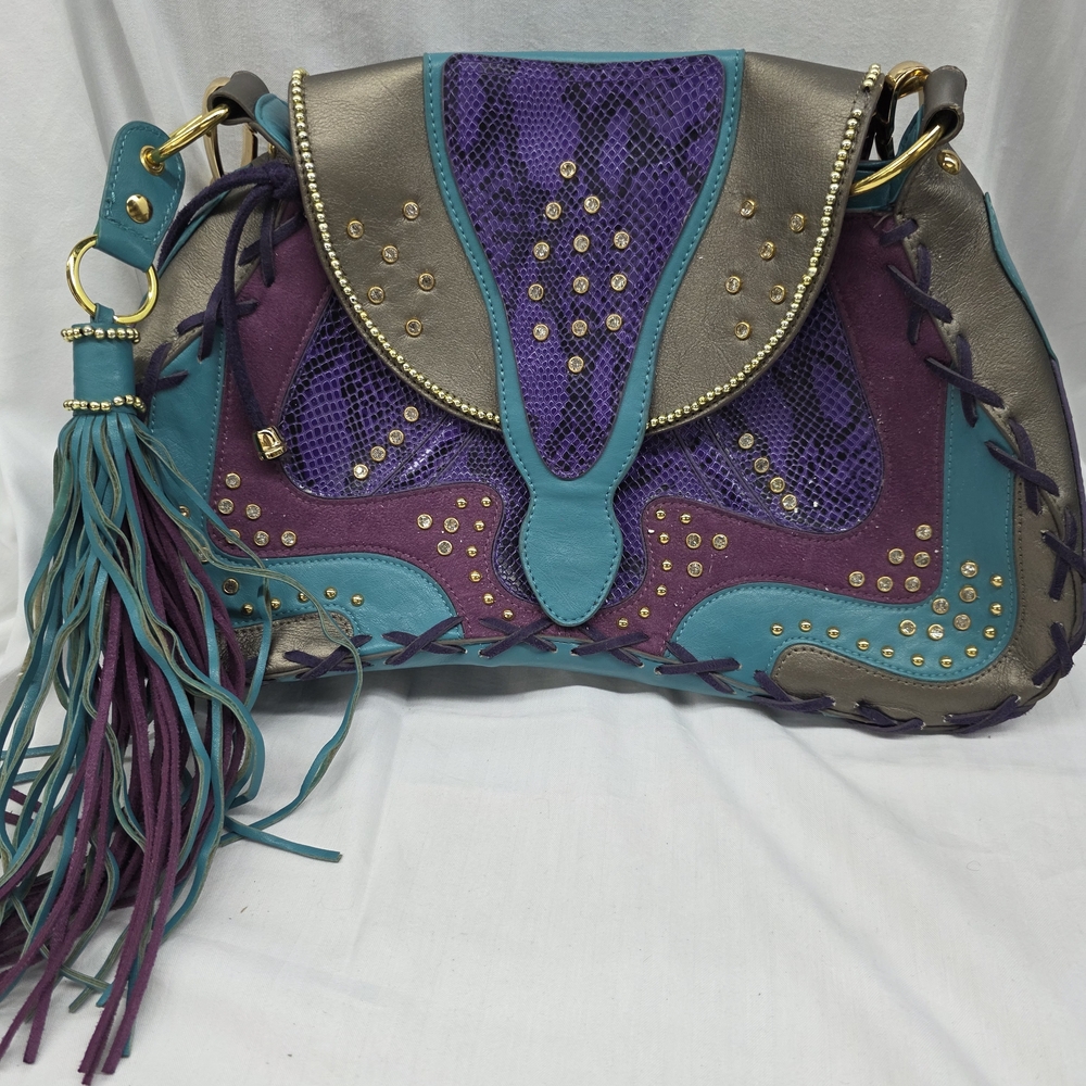 Hot In Hollywood Teal & Purple Studded Fringe Shoulder Bag - Picture 1 of 10